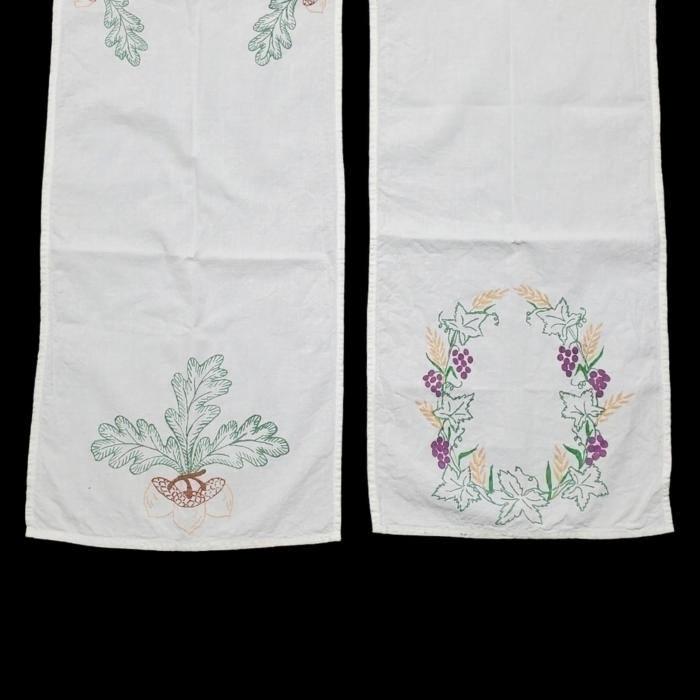 Vintage Autumn Table Runner Set Of 2 Grape Acorn Foliage Screenprint Fall 44"